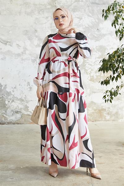 Delya Patchwork Belted Dress - Burgundy