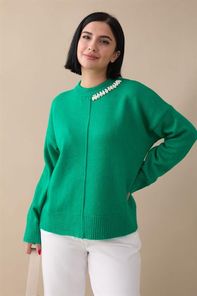 Deniz Kabuğu Taşlı Zümrüt Yeşili Triko Kazak