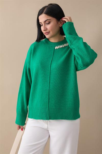 Deniz Kabuğu Taşlı Zümrüt Yeşili Triko Kazak