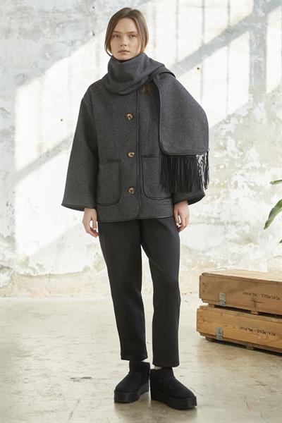 Deri Biye Detaylı Atkılı Kaşe Kaban - Antrasit