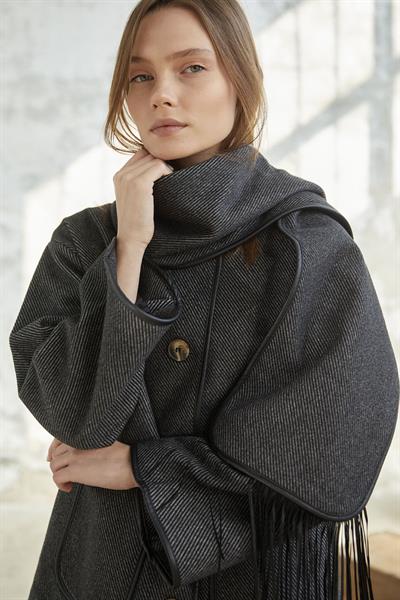 Deri Biye Detaylı Atkılı Kaşe Kaban - Antrasit