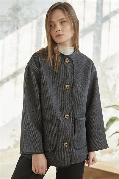 Deri Biye Detaylı Atkılı Kaşe Kaban - Antrasit