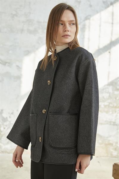 Deri Biye Detaylı Atkılı Kaşe Kaban - Antrasit