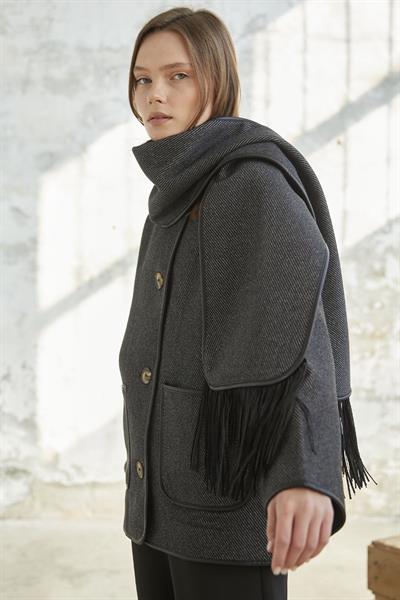 Deri Biye Detaylı Atkılı Kaşe Kaban - Antrasit