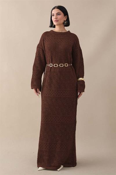 Desenli Ajurlu Acı Kahve Triko Elbise