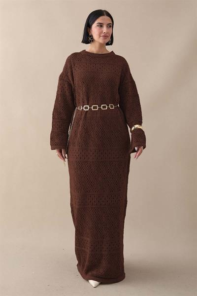 Desenli Ajurlu Acı Kahve Triko Elbise