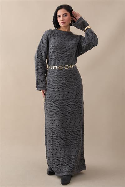 Desenli Ajurlu Antrasit Triko Elbise