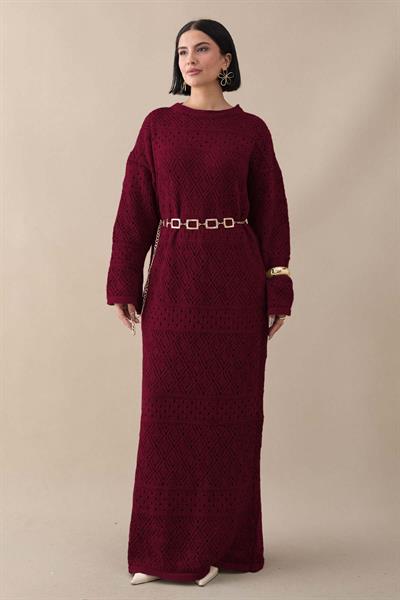 Desenli Ajurlu Bordo Triko Elbise