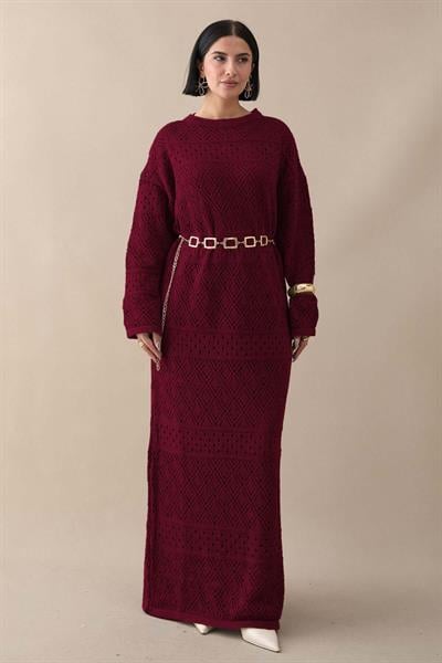 Desenli Ajurlu Bordo Triko Elbise