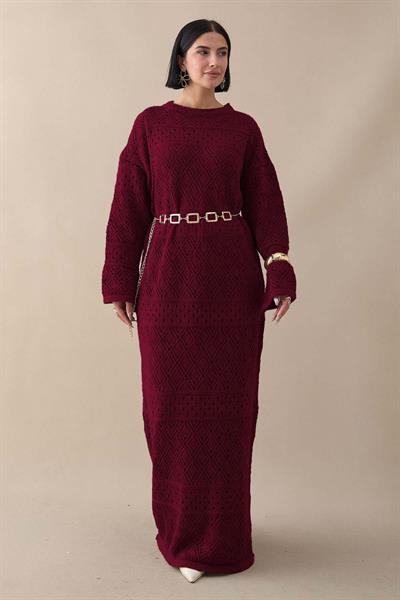 Desenli Ajurlu Bordo Triko Elbise