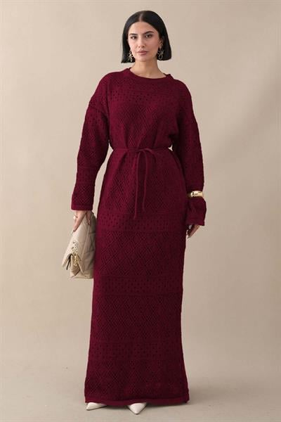 Desenli Ajurlu Bordo Triko Elbise