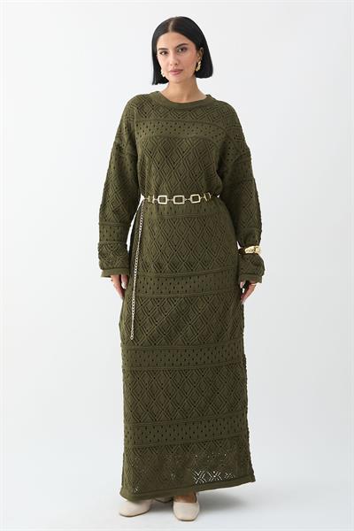 Desenli Ajurlu Haki Triko Elbise