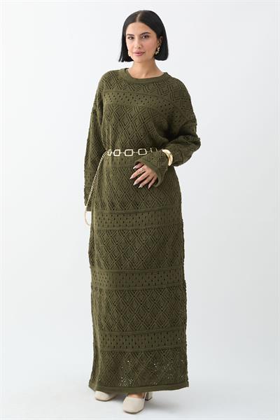 Desenli Ajurlu Haki Triko Elbise