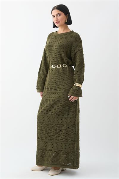 Desenli Ajurlu Haki Triko Elbise