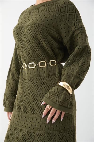 Desenli Ajurlu Haki Triko Elbise