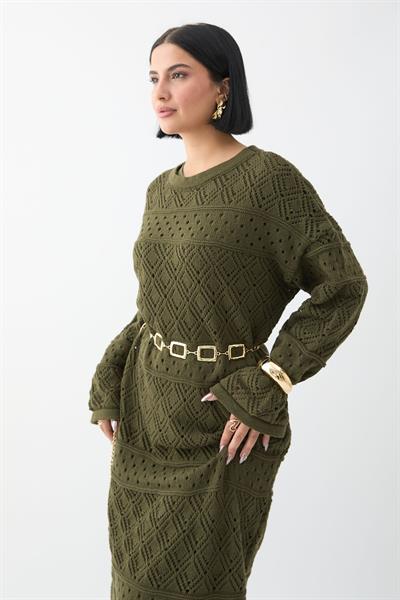 Desenli Ajurlu Haki Triko Elbise