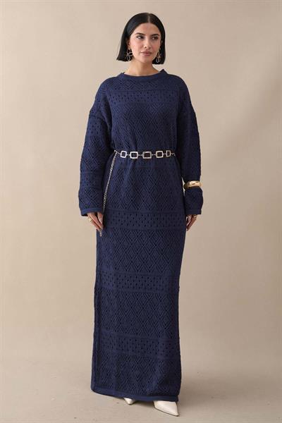 Desenli Ajurlu Lacivert Triko Elbise