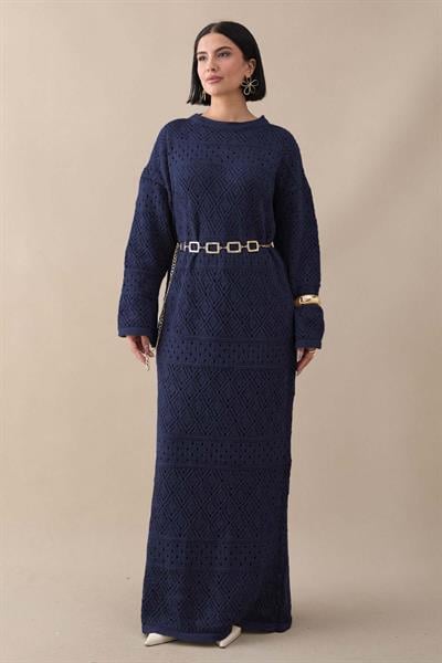 Desenli Ajurlu Lacivert Triko Elbise