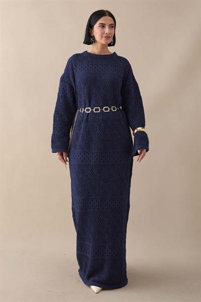 Desenli Ajurlu Lacivert Triko Elbise