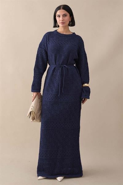 Desenli Ajurlu Lacivert Triko Elbise