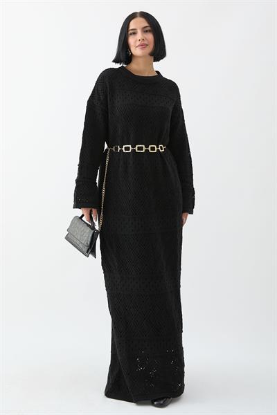 Desenli Ajurlu Siyah Triko Elbise
