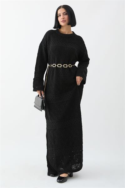 Desenli Ajurlu Siyah Triko Elbise