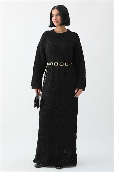 Desenli Ajurlu Siyah Triko Elbise