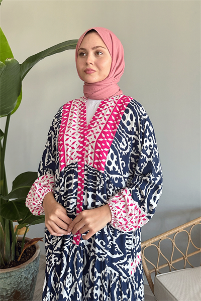 Patterned Balloon Sleeve Navy Viscose Dress