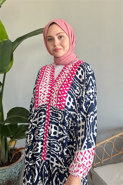 Patterned Balloon Sleeve Navy Viscose Dress