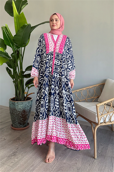 Patterned Balloon Sleeve Navy Viscose Dress