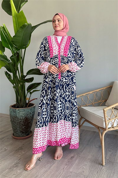 Patterned Balloon Sleeve Navy Viscose Dress