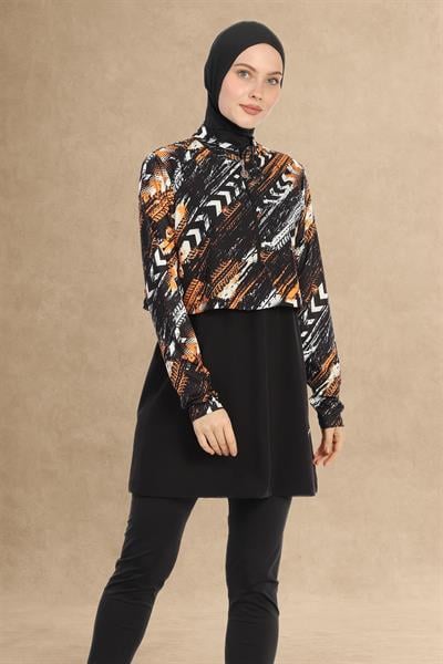 Desenli Bolerolu 4 Parça Siyah Tesettür Mayo 2461L