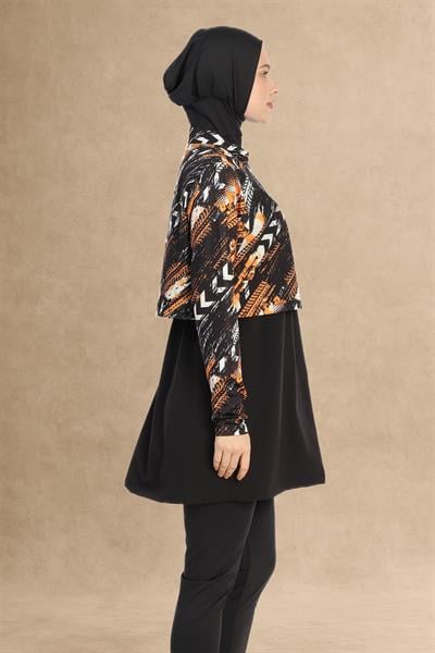 Desenli Bolerolu 4 Parça Siyah Tesettür Mayo 2461L