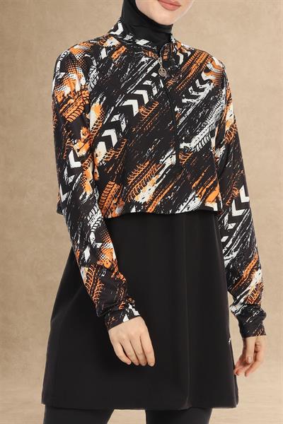 Desenli Bolerolu 4 Parça Siyah Tesettür Mayo 2461L