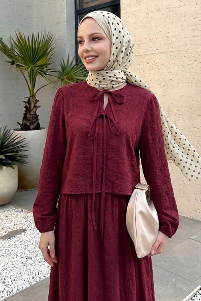 Desenli Brodeli Bordo Ayrobin Takım