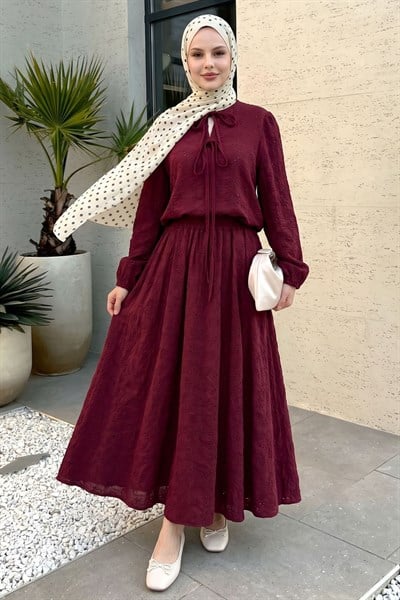 Desenli Brodeli Bordo Ayrobin Takım