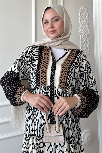 Desenli Düğmeli Salaş Siyah Viskon Elbise