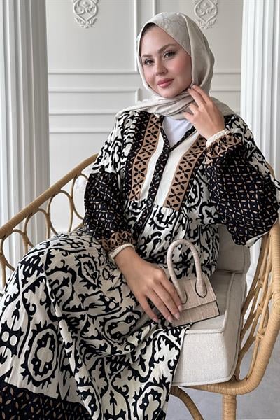 Desenli Düğmeli Salaş Siyah Viskon Elbise