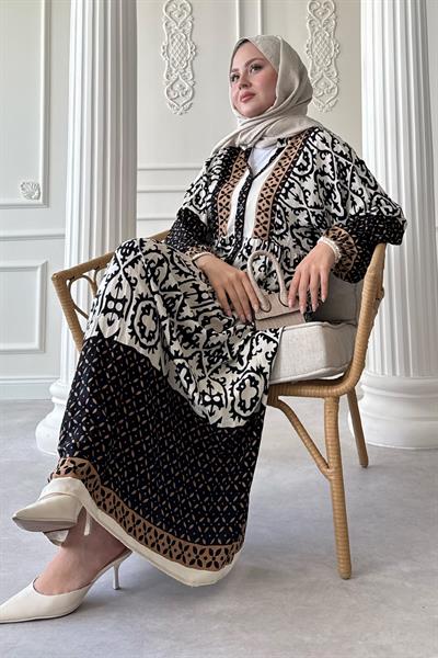 Desenli Düğmeli Salaş Siyah Viskon Elbise