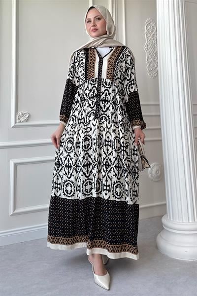 Desenli Düğmeli Salaş Siyah Viskon Elbise