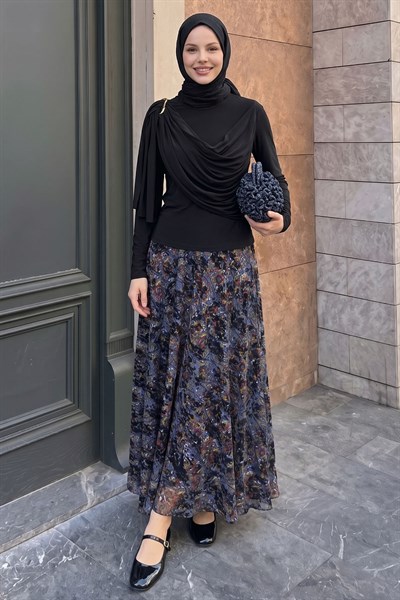 Desenli Etekli İndigo Yoryo Takım