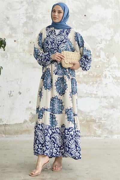 Desenli Hakim Yaka Mavi Elbise