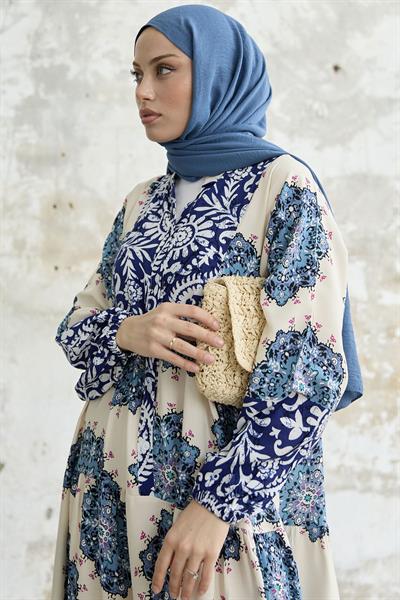 Desenli Hakim Yaka Mavi Elbise