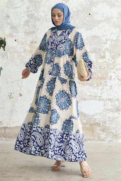 Desenli Hakim Yaka Mavi Elbise