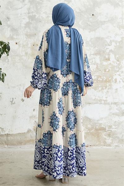 Desenli Hakim Yaka Mavi Elbise