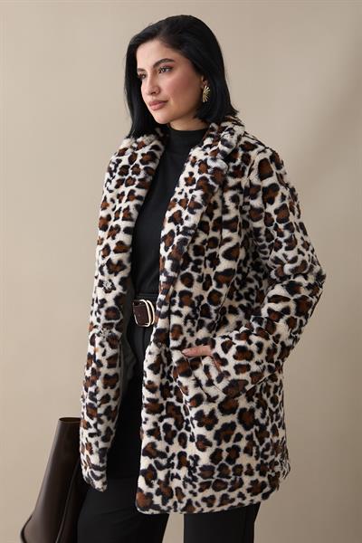 Desenli İçi Astarlı Peluş Mont - Ekru