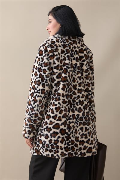 Desenli İçi Astarlı Peluş Mont - Ekru