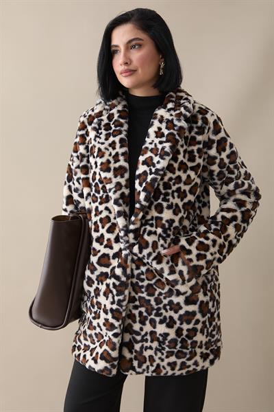 Desenli İçi Astarlı Peluş Mont - Ekru