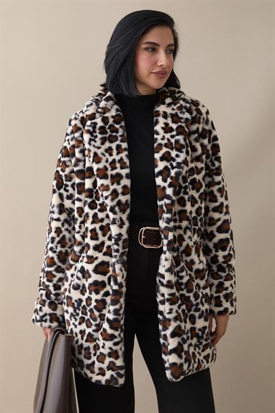 Desenli İçi Astarlı Peluş Mont - Ekru