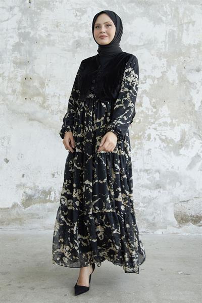 Desenli Kadife Cepkenli Siyah Şifon Elbise